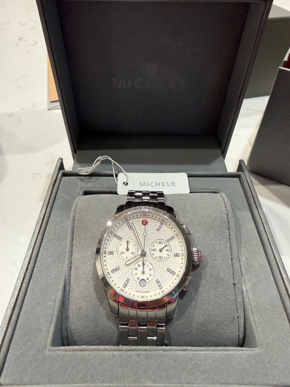 Michele Uptown Silver and White Stainless Steel Chronograph Watch with Diamonds